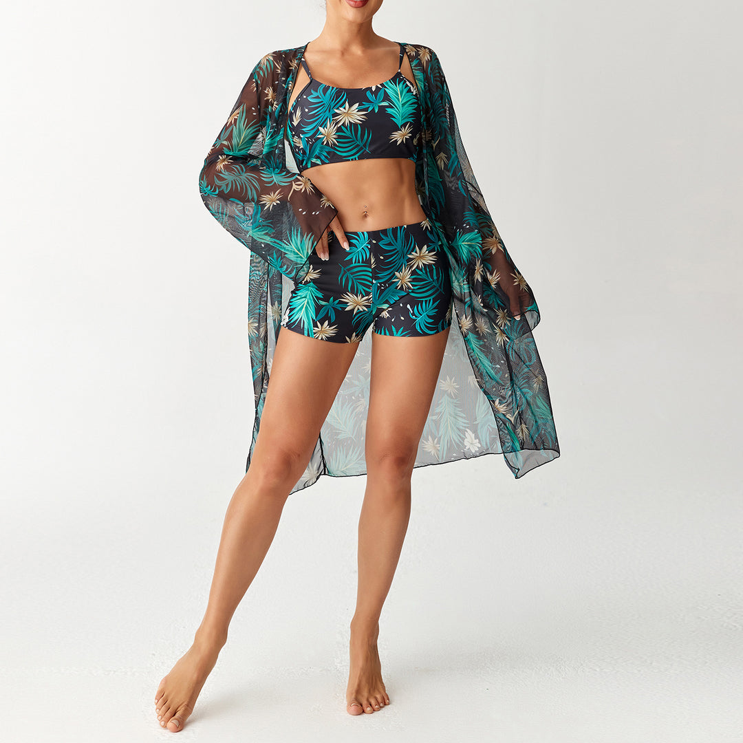 Damen Bikini-Set mit elegantem Crop-Top und durchscheinendem Strandkimono EB