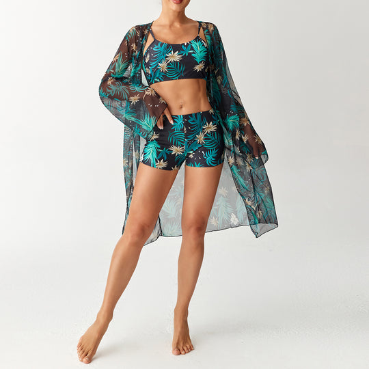 Damen Bikini-Set mit elegantem Crop-Top und durchscheinendem Strandkimono EB