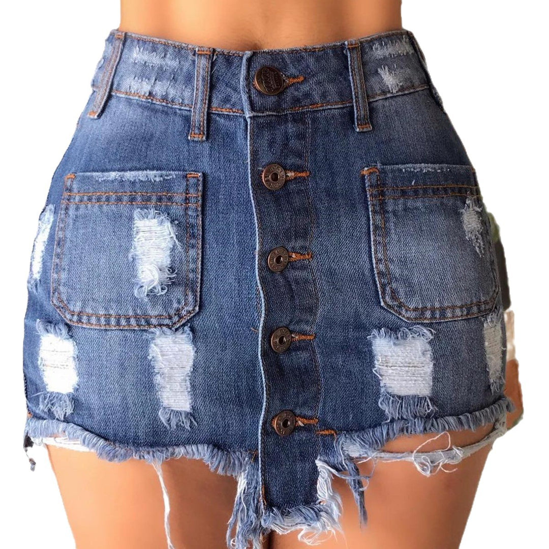 Damen Jeans-Minirock mit Knopfleiste und modischen Destroyed-Details EB