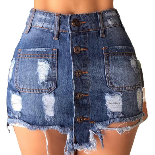 Damen Jeans-Minirock mit Knopfleiste und modischen Destroyed-Details EB