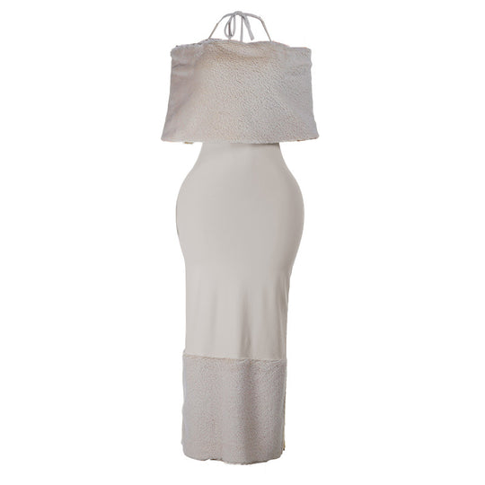 Damen elegantes Maxikleid mit trägerlosem Design und fließendem Stoff EB
