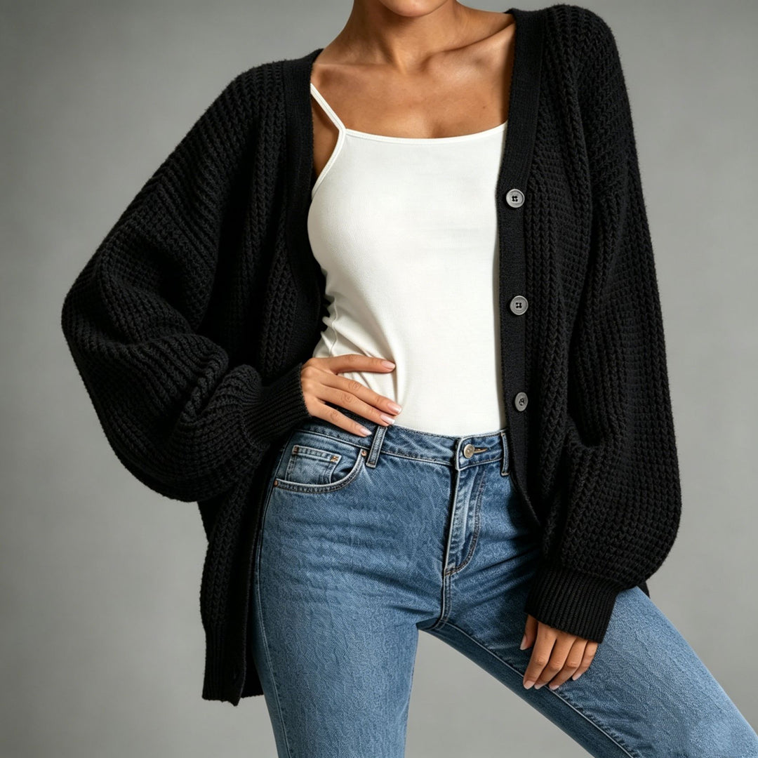 Damen Oversize Grobstrick-Cardigan mit Ballonärmeln und Knopfleiste EB