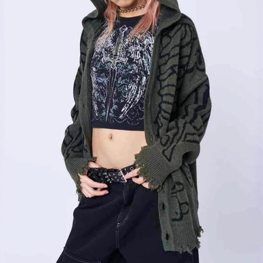 Damen Großer Kapuzenpulli mit auffälligem Grafikumhang und unkonventionellem Schnitt EB