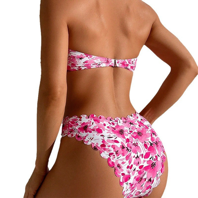 Damen Bandeau-Bikini mit floralen Rüschendetails EB