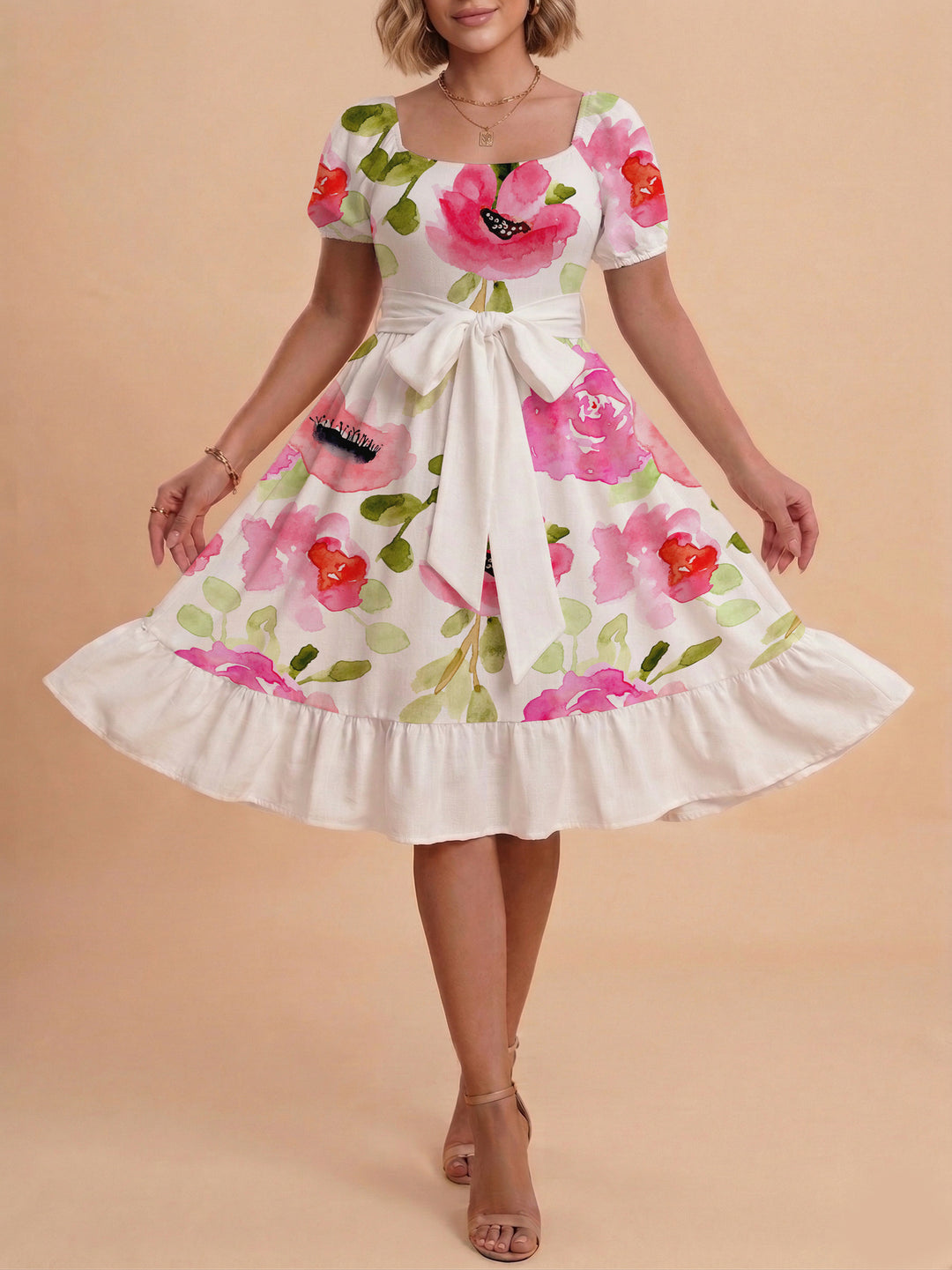 Damen Sommerliches Blumenkleid mit taillierbarem Gürtel und voluminösen Ärmeln EB