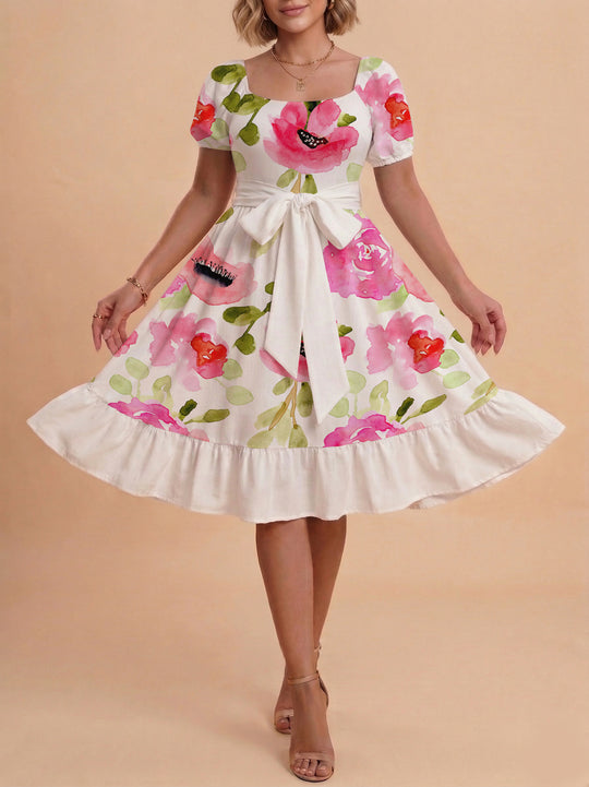 Damen Sommerliches Blumenkleid mit taillierbarem Gürtel und voluminösen Ärmeln EB