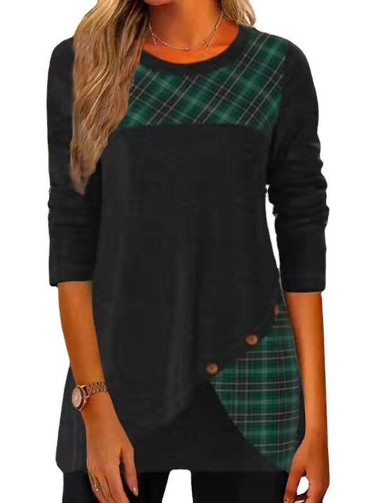 Damen Asymmetrische Tunika mit Karopatch und Zierknöpfen EB