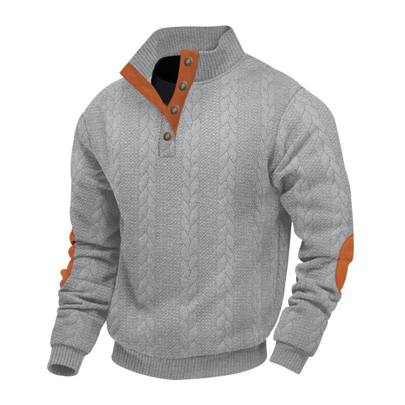 Herren nan grober Zopfstrick Troyer mit Knopfleiste und Veloursleder-Ellenbogenpatches EB
