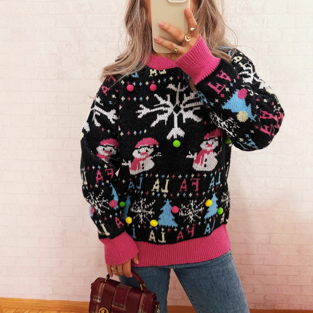 Damen festlicher Pullover mit farbenfrohen Weihnachtsmotiven und verspielten Details EB