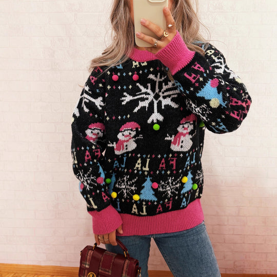 Damen festlicher Pullover mit farbenfrohen Weihnachtsmotiven und verspielten Details EB