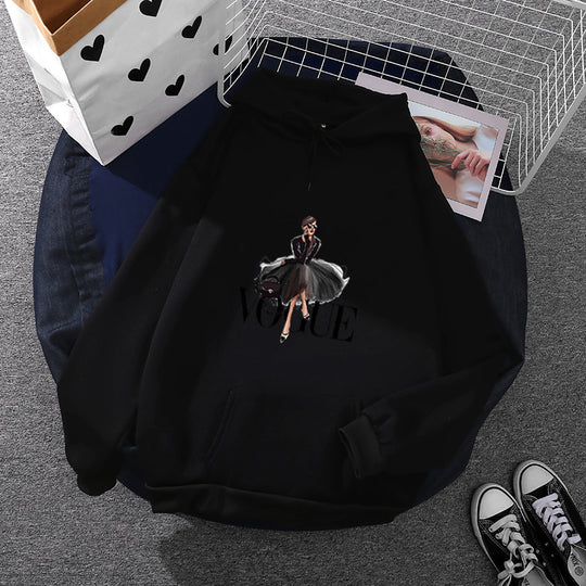 Damen nan modischer Kapuzenpullover mit Fashion-Illustration, geräumiger Eingrifftasche und kuscheligem Fleece EB