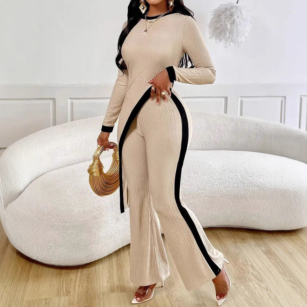 Damen nan eleganter Rippen-Jumpsuit mit asymmetrischer Wickeloptik, taillierendem Cut-Out und kontrastierenden Seitenstreifen EB