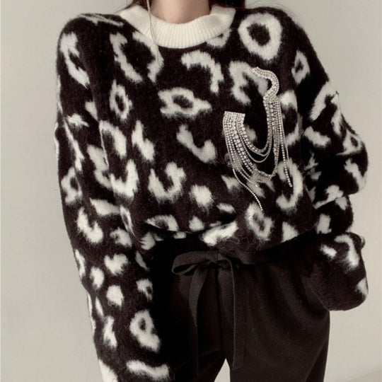 Damen Flauschiger Leopardenmuster Pullover EB
