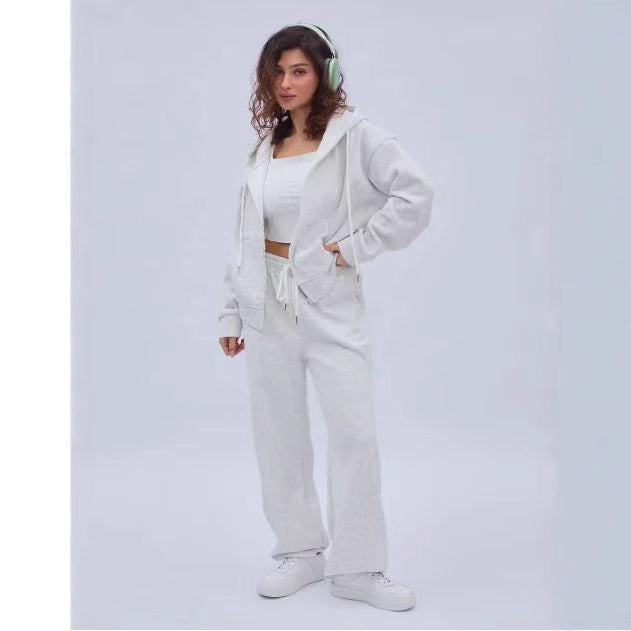 Damen nan zweiteiliges Cozy-Loungewear-Set mit Reißverschlusskapuze, taillenhoher Weitbein-Jogger und verdeckten Eingrifftaschen EB