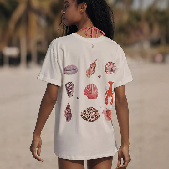Damen lässiges T-Shirt mit maritimem Muschel-Print und lockerer Passform EB