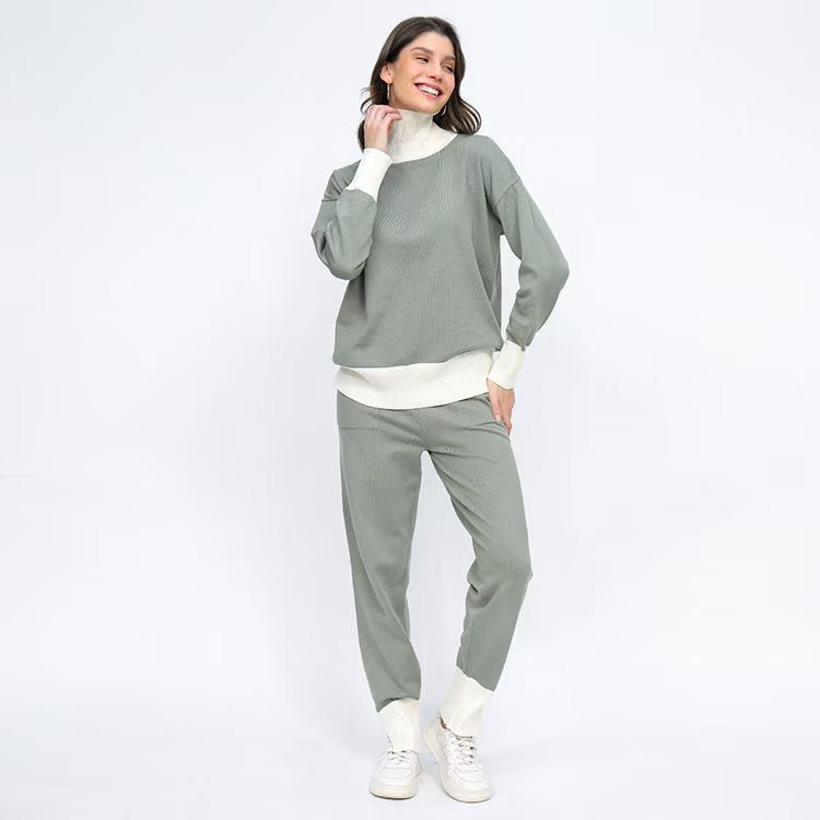 Damen komfortables Strick-Loungewear-Set mit hohem Kragen und elastischen Bündchen EB