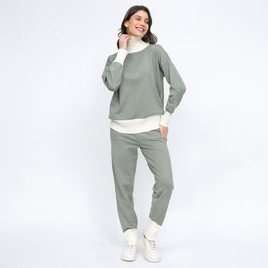 Damen komfortables Strick-Loungewear-Set mit hohem Kragen und elastischen Bündchen EB