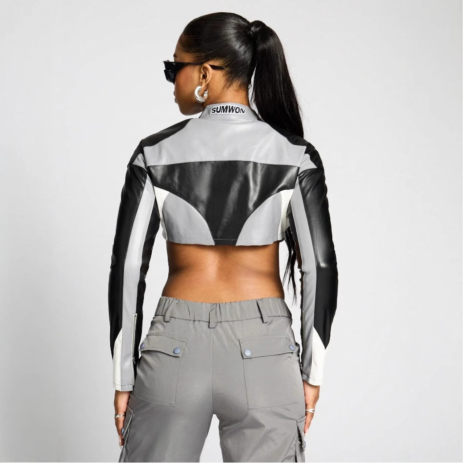 Damen cropped Sportjacke mit stylischem Reißverschluss und kontrastierenden Streifen EB