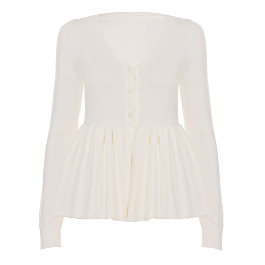 Damen nan geripptes Langarm-Top mit Empire-Taille, zierlicher Knopfleiste und Spitzenbesatz EB