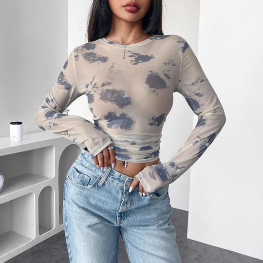 Damen figurbetontes Longsleeve-Oberteil mit einzigartigem Farbmuster EB