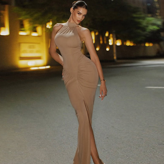 Damen Elegantes Langkleid mit Choker-Ausschnitt und Raffungen EB