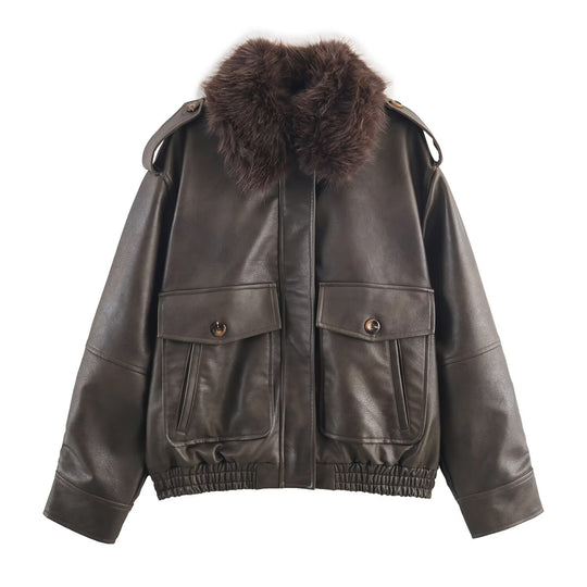 Damen Kunstlederjacke mit abnehmbarer Kunstfellkragen und praktischen Taschen EB