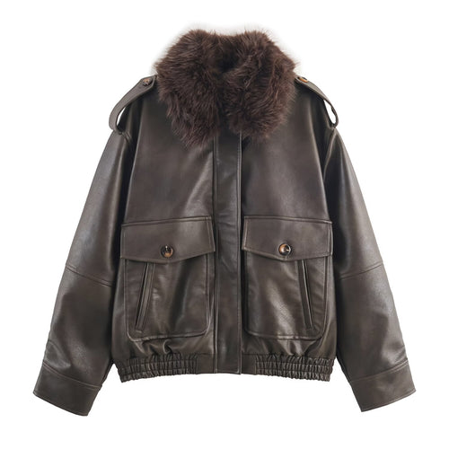 Damen Kunstlederjacke mit abnehmbarer Kunstfellkragen und praktischen Taschen EB