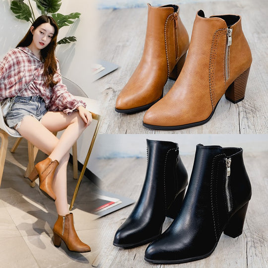 Damen elegante Stiefeletten mit modischem Reißverschluss und komfortablem Blockabsatz EB