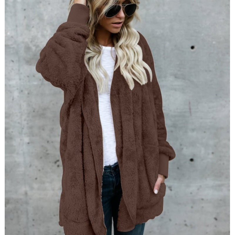Damen Oversize Teddy‑Fleece‑Mantel mit offener Front, Eingrifftaschen und Rippbündchen EB