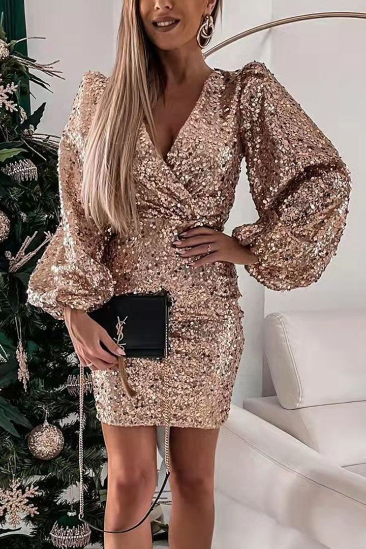 Damen Glitzerndes Minikleid mit Ballonärmel und Wickeloptik EB