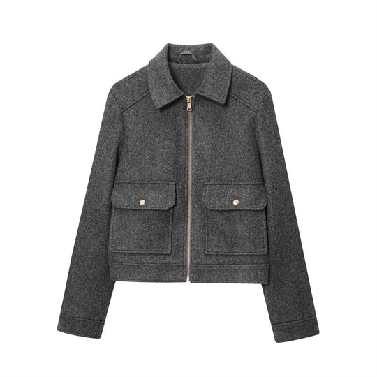 Damen nan kurze taillierte Tweedjacke mit durchgehendem Reißverschluss, aufgesetzten Pattentaschen und Kentkragen EB