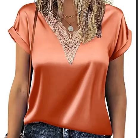 Damen Satin Bluse mit elegantem V-Ausschnitt und raffinierten Spitzenakzenten EB