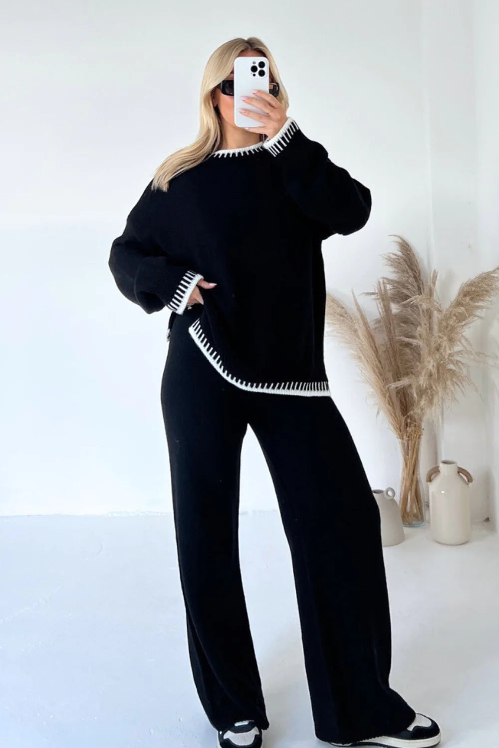 Damen nan lässiger Strick-Hausanzug mit Oversize-Pullover und weiter Strickhose EB