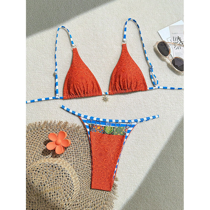 Damen Triangel-Bikini mit buntem Design und modischen Riemen EB