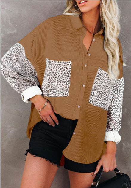 Damen nan oversized Hemdbluse mit Strukturstoff, Kontrastärmeln im Leo-Print und aufgesetzten Taschen EB
