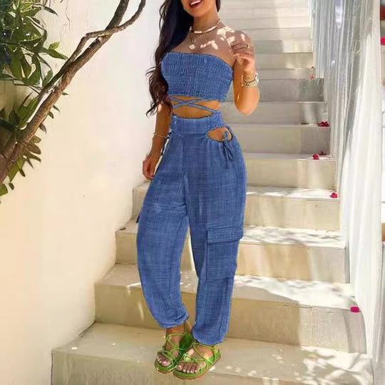Damen Zweiteiliges Outfit mit Cropped Top und Cargo-Hose EB