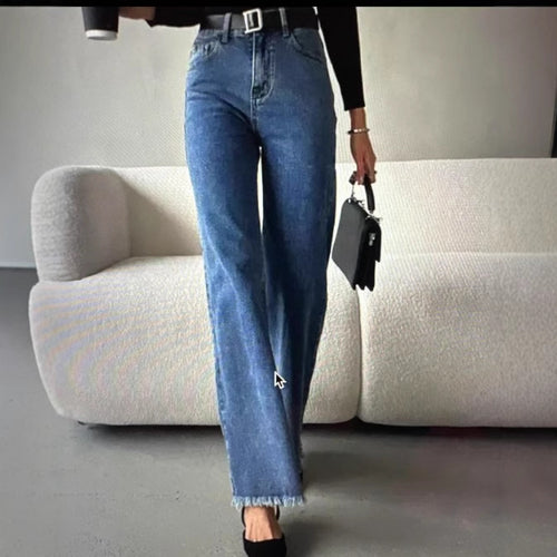 Damen Hochgeschnittene weite Jeanshose im Vintage-Style mit authentischem Used-Look EB