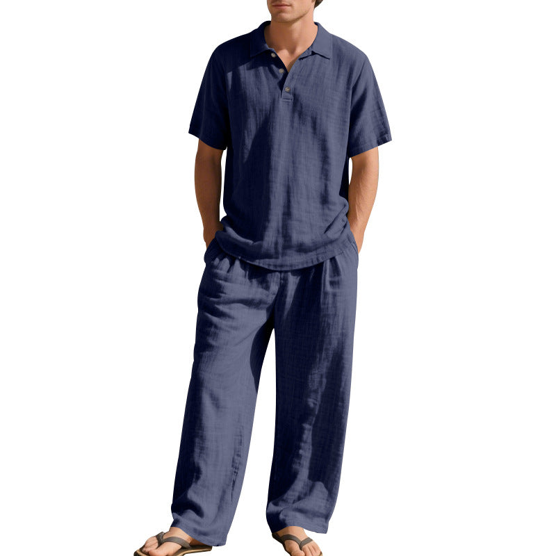Herren nan luftiges Leinen-Ensemble mit Polokragen und regulierbarer Bundhose EB