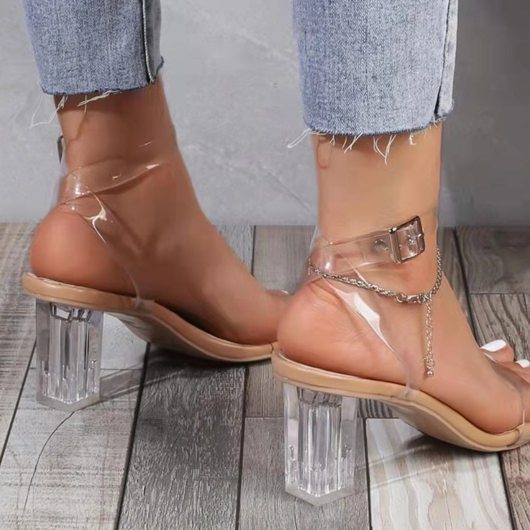 Damen elegante Sandaletten mit transparentem Riemen und glasklarem Absatz EB