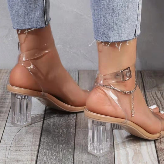 Damen elegante Sandaletten mit transparentem Riemen und glasklarem Absatz EB