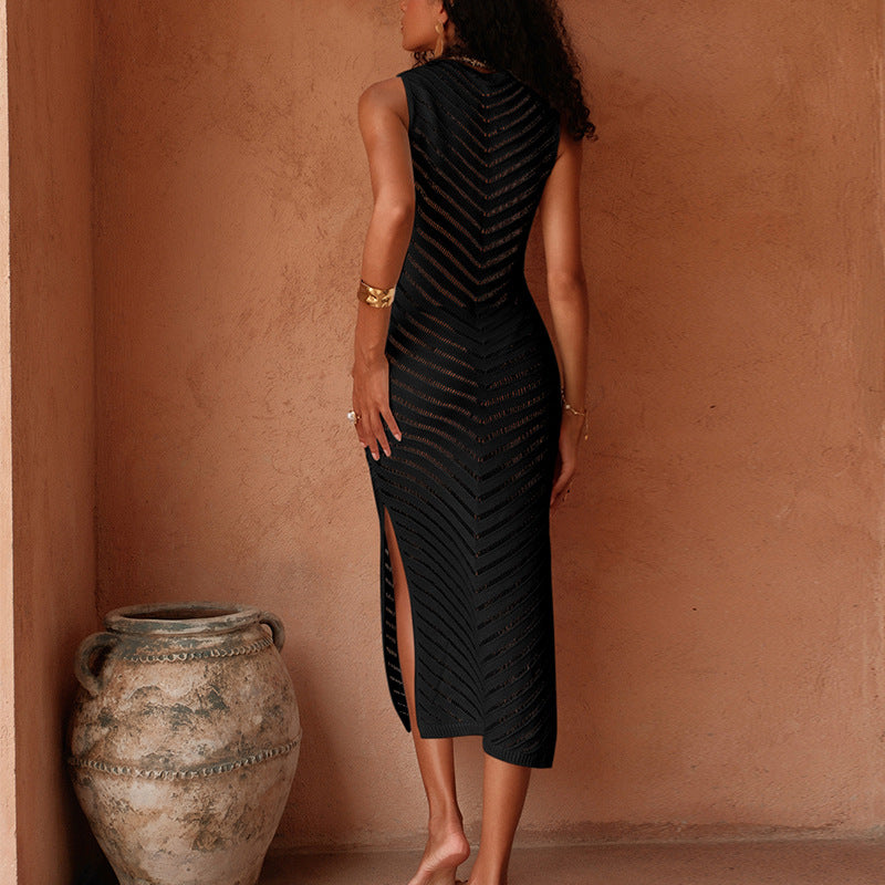 Damen Elegantes Strick-Maxikleid mit asymmetrischem Saum und seitlichem Schlitz EB