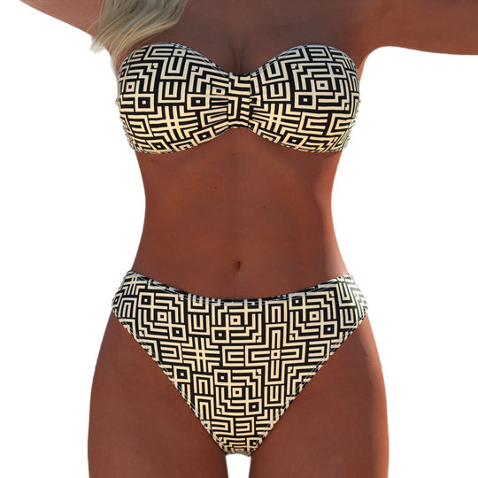 Damen Bandeau-Bikini mit modernem grafischem Muster und hohem Beinausschnitt EB