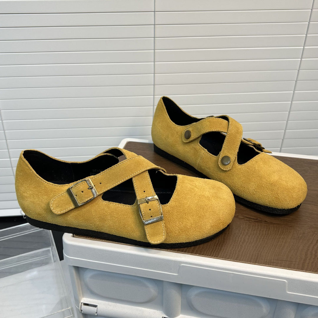 Damen bequeme Clogs mit dekorativem Kreuzriemen und sanfter Wildlederoberfläche EB