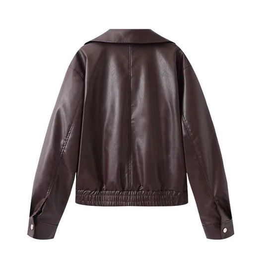 Damen modische Kunstlederjacke mit elegantem Revers und praktischen Taschen EB