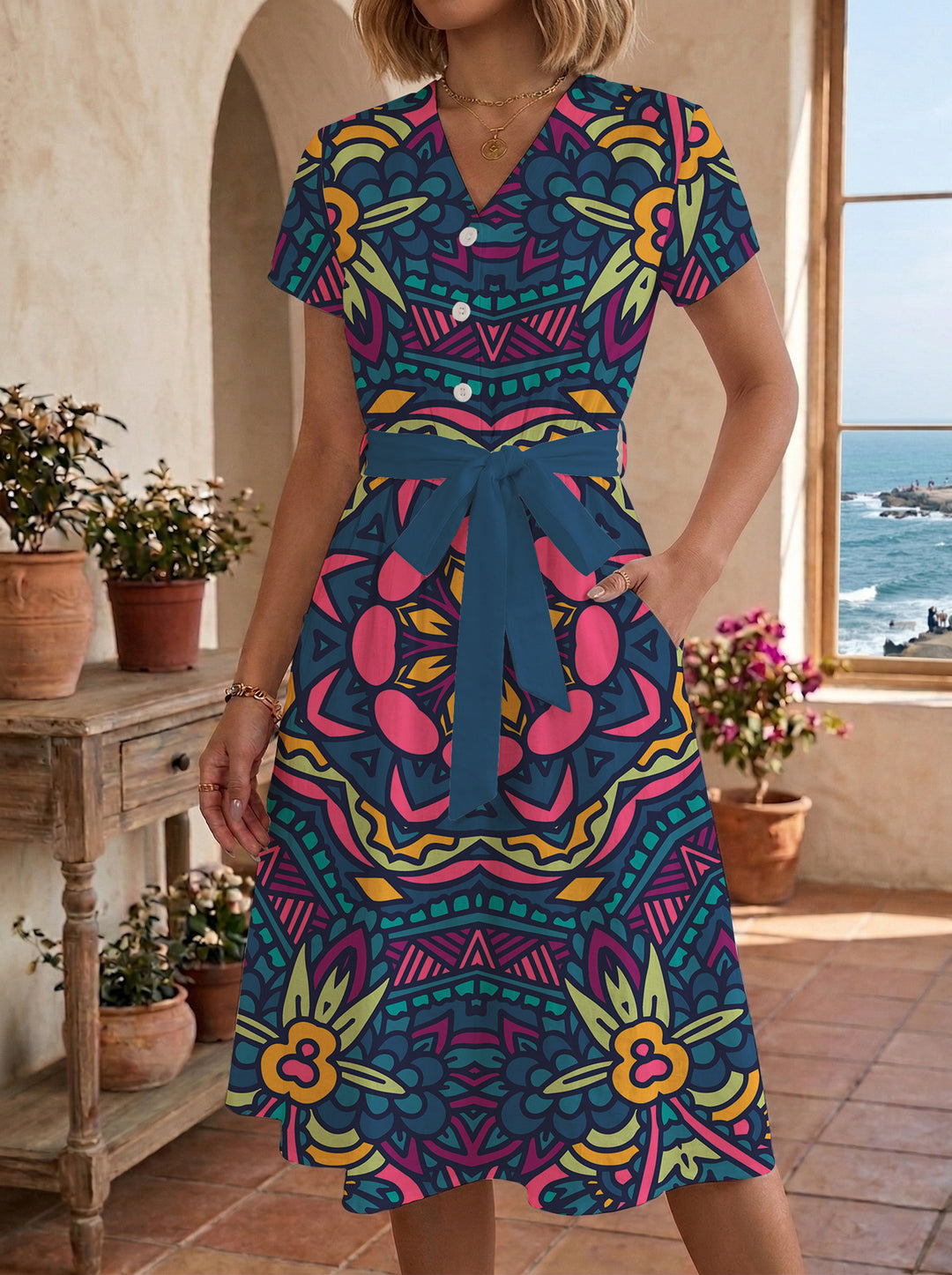 Damen Midi-Kleid mit floralem Design und bequemer Passform EB
