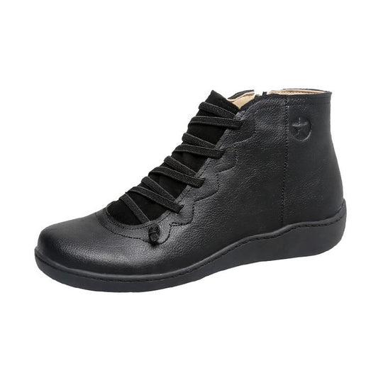 Damen nan knöchelhoher Softleder-Sneakerboot mit seitlichem Reißverschluss elastischer Zierschnürung und ergonomischer Komfortsohle EB
