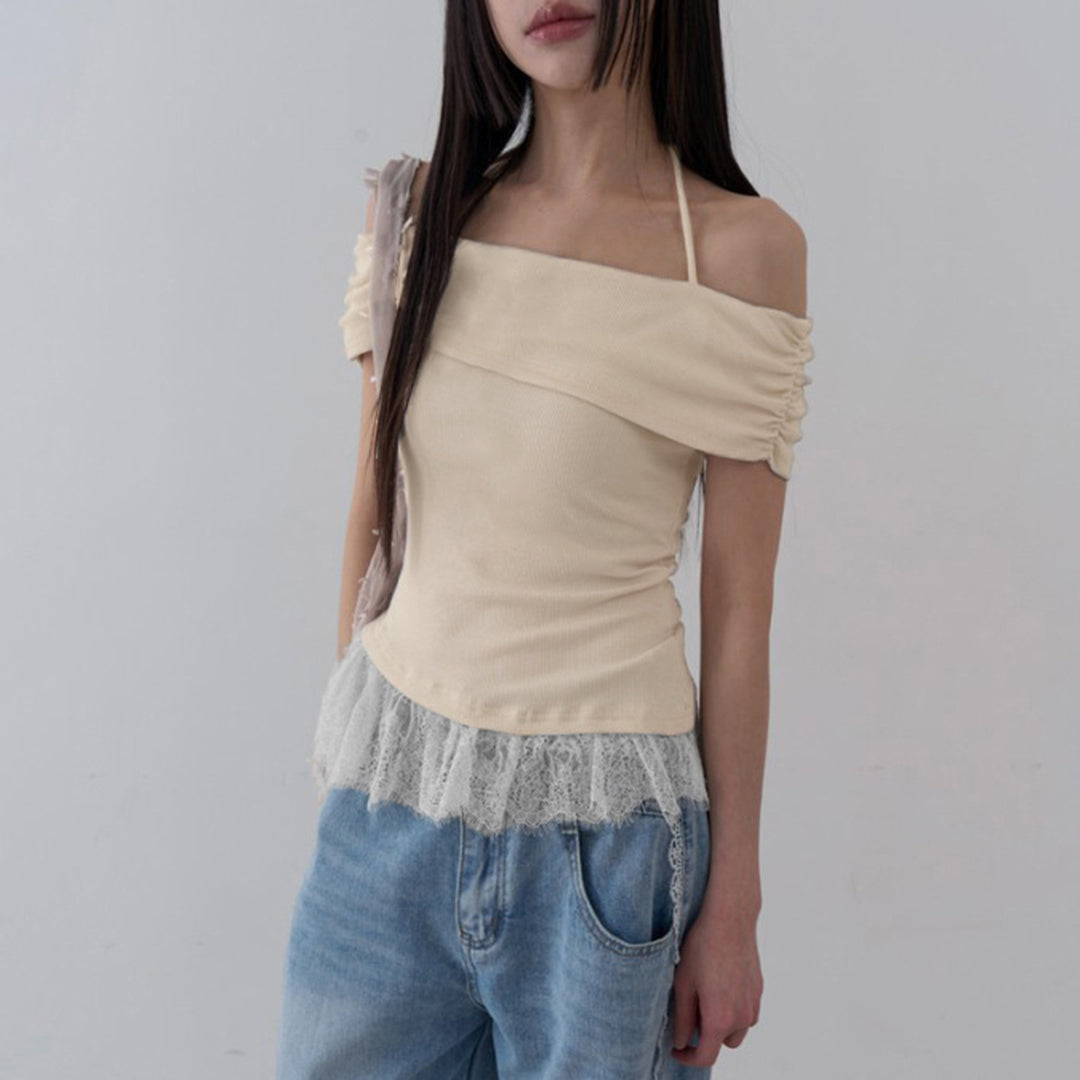 Damen Off-Shoulder Oberteil mit Rüschensaum EB