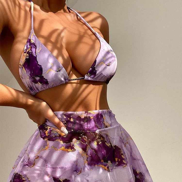 Damen Bikini-Set mit kreativem Wickeldesign und floralem Rock EB