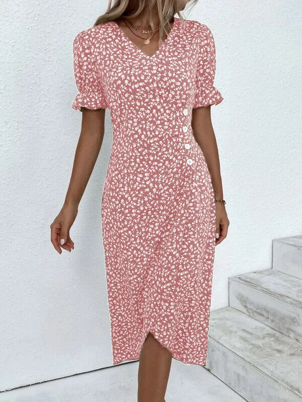 Damen Midikleid mit floralen Mustern und schmeichelndem V-Ausschnitt EB