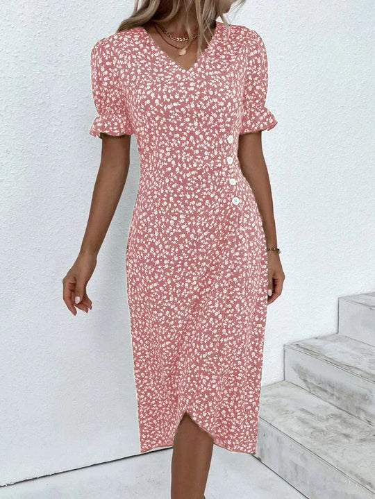 Damen Midikleid mit floralen Mustern und schmeichelndem V-Ausschnitt EB